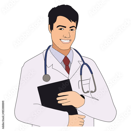 Cartoon Male Doctor Illustration – Smiling Medical Professional Clipart with Stethoscope and Clipboard