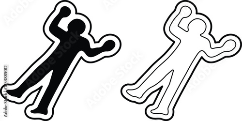 Set of dead body icons, collection of crime scene human silhouettes, group of flat line vector symbols, add corpse, victim, murder, death, forensic illustration, black icon