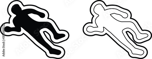 Set of dead body icons, collection of crime scene human silhouettes, group of flat line vector symbols, add corpse, victim, murder, death, forensic illustration, black icon