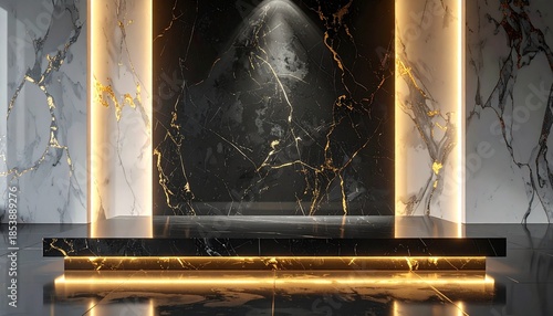 Opulent Black Marble Pedestal with Golden Veins and Illuminated Architectural Backing, Perfect for Upscale Product Display or Event Stage in a Modern, Luxurious Interior Setting