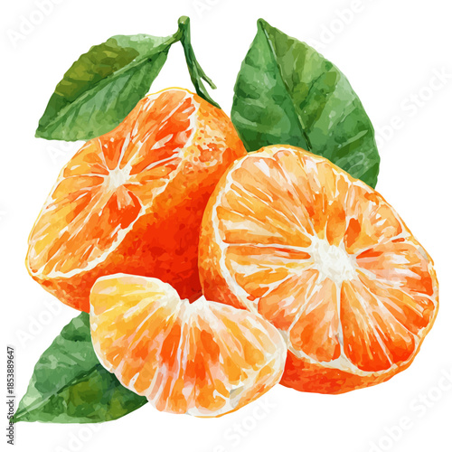 Watercolor painting of Mandarin Slices, vector illustration, isolated on white background.
