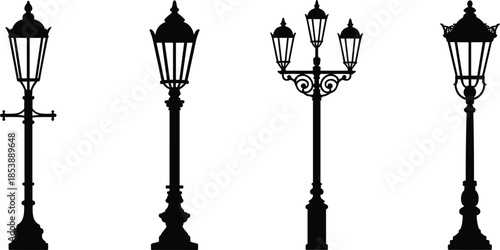 Collection Of Four Black Silhouette Vintage Street Lamps lamppost lighting