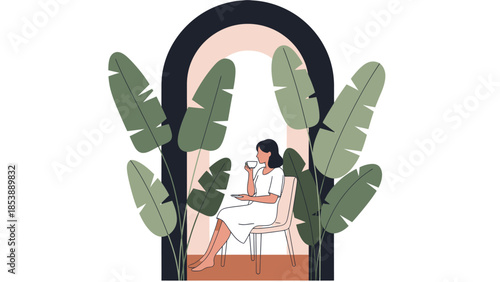 Woman enjoying a peaceful moment with a drink.