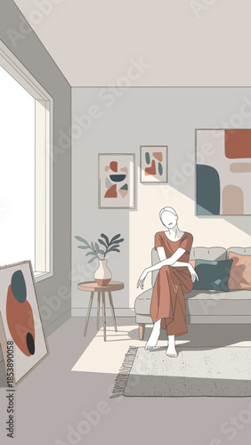 Woman in a red dress sitting in a sunlit room.