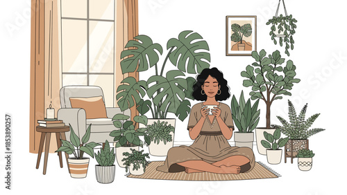 Woman Meditating Amidst Indoor Plants in a Serene Home Environment.