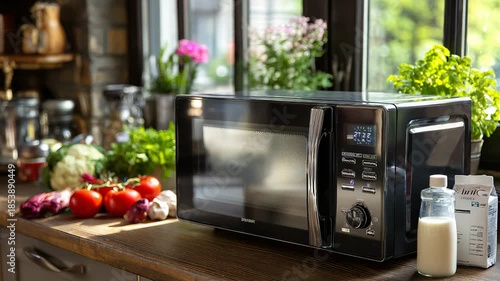 Microwave with milk and fresh produce on countertop