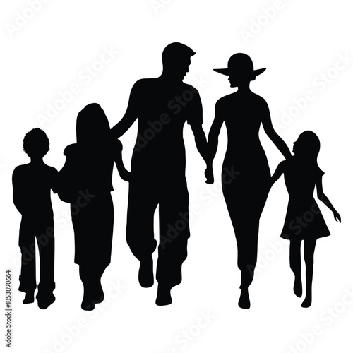 Family Silhouette Illustration – Five Figures Holding Hands in Unity