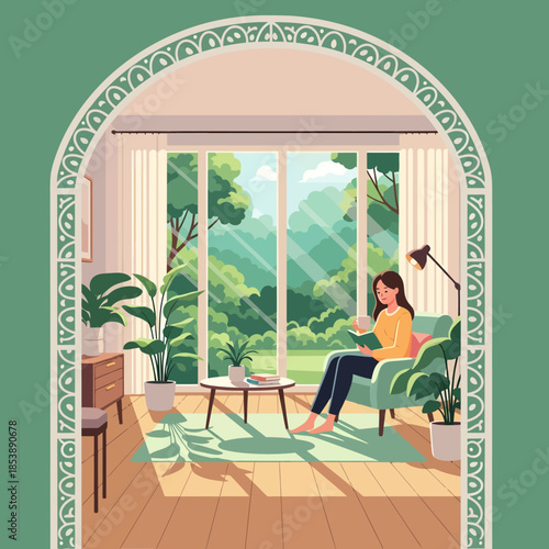 Woman reading a book in a cozy armchair by the window.