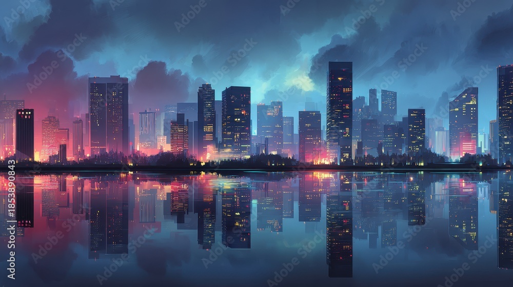 Fototapeta premium Nighttime Cityscape with Water Reflection