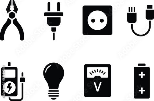 Electrical tools and components icon set on white background Keywords: electricity, power, pliers, tool, plug, socket, outlet