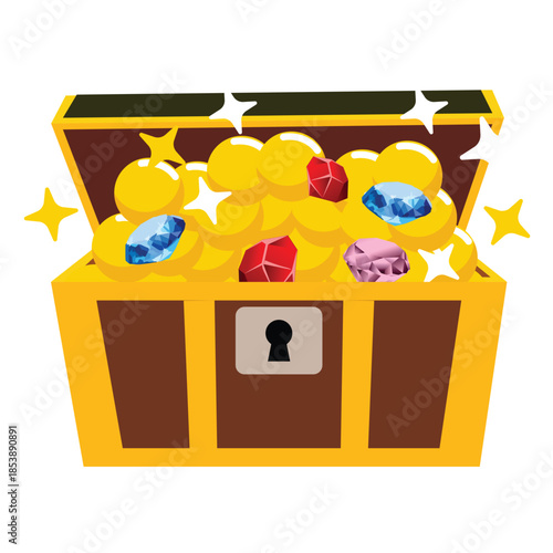 Treasure Chest Illustration – Gold Coins and Colorful Gems with Sparkles