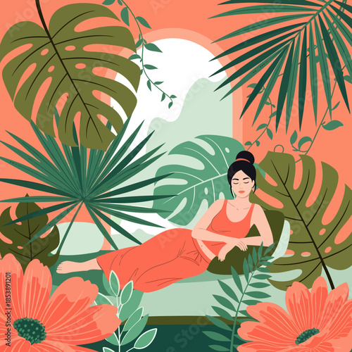 Woman Relaxing Amongst Lush Tropical Foliage.