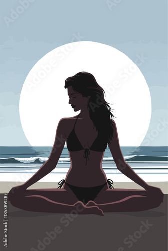 Create a realistic Cut out backlit woman in a bikini sitting on the beach in a yoga pose vector art with white background .
