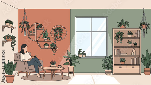 Woman relaxing in a cozy armchair surrounded by plants.