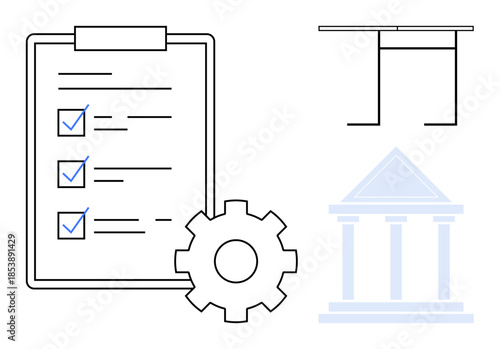Workflow automation, project management, government services, compliance, administration, legal processes. Checklist with gear and government building sketch. Workflow automation and compliance
