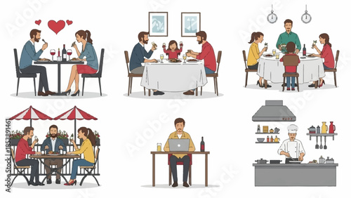 People enjoying meals together in various settings and a chef cooking