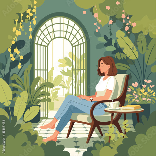 Woman relaxing in a lush green indoor garden.