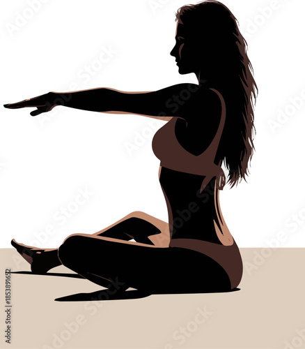 Create a realistic Cut out backlit woman in a bikini sitting on the beach in a yoga pose vector art with white background .