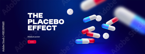 Background with realistic 3d capsules and pills. Placebo effect. Medical, pharmacy, healthcare, hospital, clinic, telemedicine, insurance, biotechnology concept. Vector illustration.