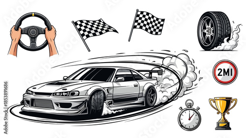 Racing car drifting with checkered flags and racing elements