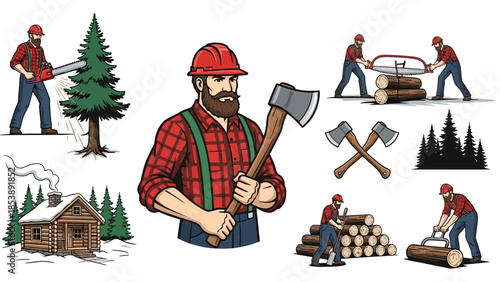 Lumberjack in action with axe and chainsaw in forest