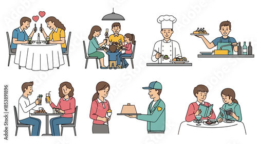 People enjoying meals together in various restaurant settings
