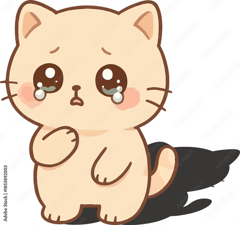 Obraz premium Cute Crying Cat Cartoon Illustration with Big Sad Eyes