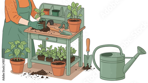 Person planting seedlings in pots on a gardening workbench
