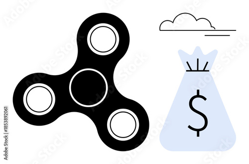 Black fidget spinner next to a blue bag with a dollar sign and cloud, symbolizing entertainment, financial decisions, wealth, focus, productivity, creativity, and economic balance