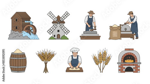 Traditional baking and milling illustrations