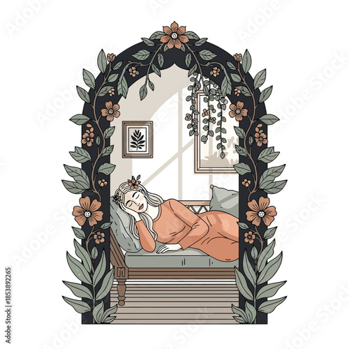 Woman relaxing on a daybed in a cozy room.