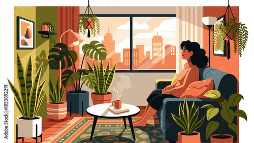 Woman relaxing on a sofa in a cozy living room filled with houseplants.
