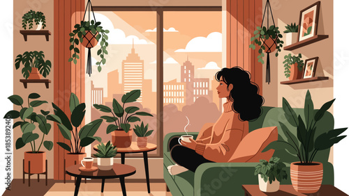 Woman relaxing on a sofa surrounded by lush indoor plants.