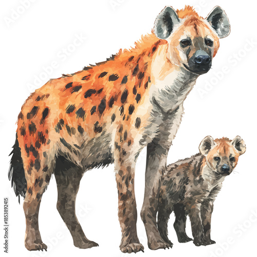 Hyena With Its Baby in watercolor style, vector illustration, isolated on white background.