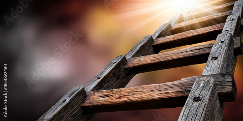 Wooden ladder rustic sunlight upward hope concept success climb abstract motivation Wooden ladder with rustic texture leaning upward toward bright sunlight symbolizing hope, success, motivation