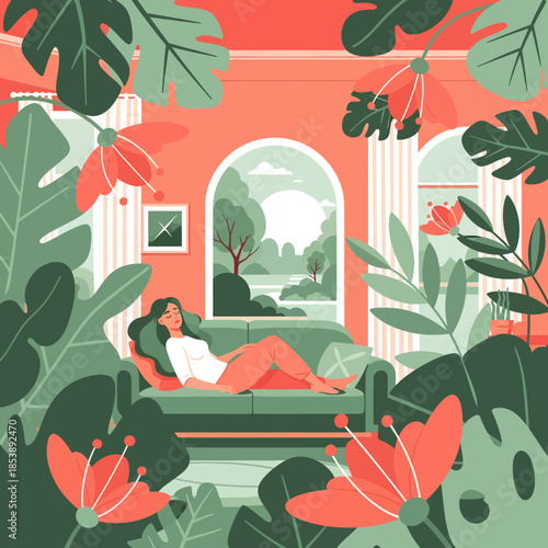Woman relaxing on sofa surrounded by lush green plants.