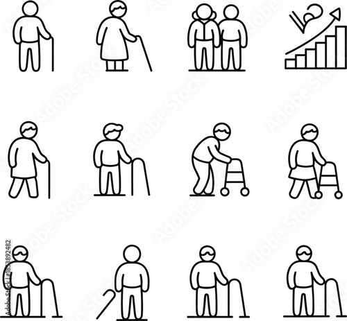 Icons Representing Elderly People And Aging Process With Walking Aids Keywords: elderly, senior, old person, man, woman, couple