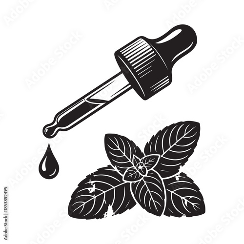A vintage style illustration featuring a dropper and fresh mint leaves