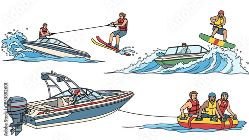 People enjoying water sports and activities on boats and waves
