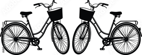 Black bicycle silhouettes with front baskets isolated on white background, vintage style city bikes for commuting, transport and healthy lifestyle.