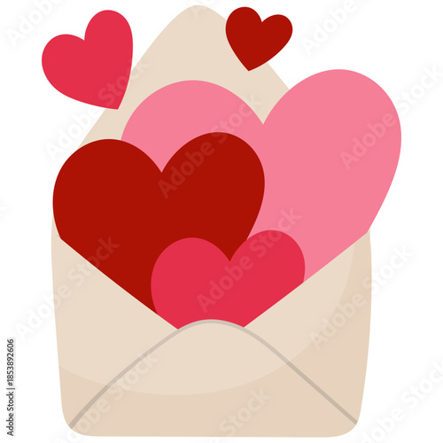 Flat vector illustration of an open envelope filled with red and pink hearts. Suitable for Valentine’s Day designs, romantic greeting cards, love letters, wedding and anniversary invitations