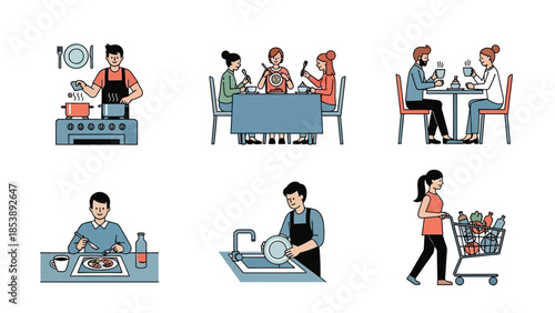 People enjoying meals and cooking together in modern home setting