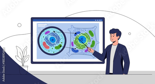 Educational presentation of cell structures, instructor with pointer explaining cellular biology