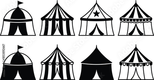 Black circus tent icons set with carnival marquees, striped fairground pavilions and entertainment booths isolated on white background, vector design.