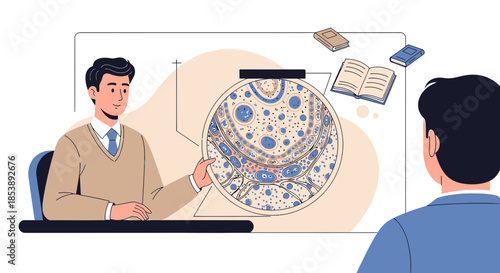 Educational presentation of cellular biology concept with teacher and student engaging together