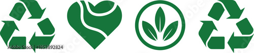 Four green environmental symbols like recycle logos and leaf designs stand out on a pure white background