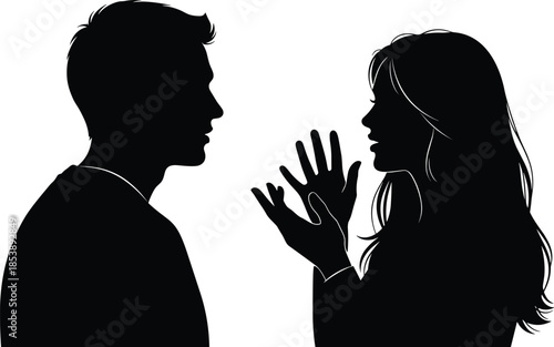 Black silhouette of a man and woman in conversation, side profile of a couple talking, isolated on white background,