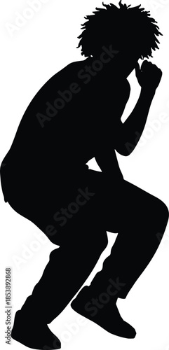 Black silhouette of a man with curly hair in a crouching or jumping pose, expressive body movement on white background,