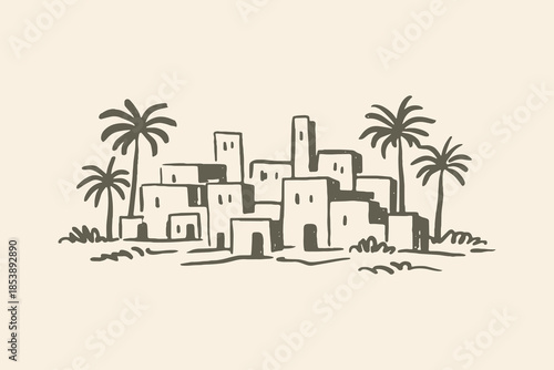 Desert village with palm trees doodle sketch vector