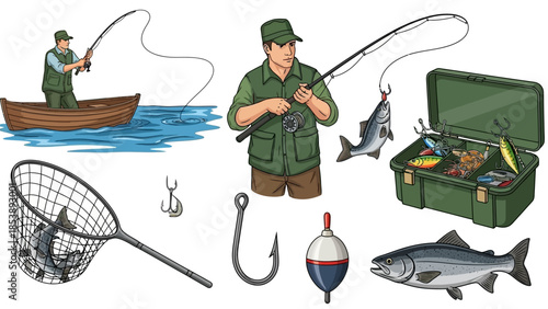 Man fishing in boat with tackle box and gear